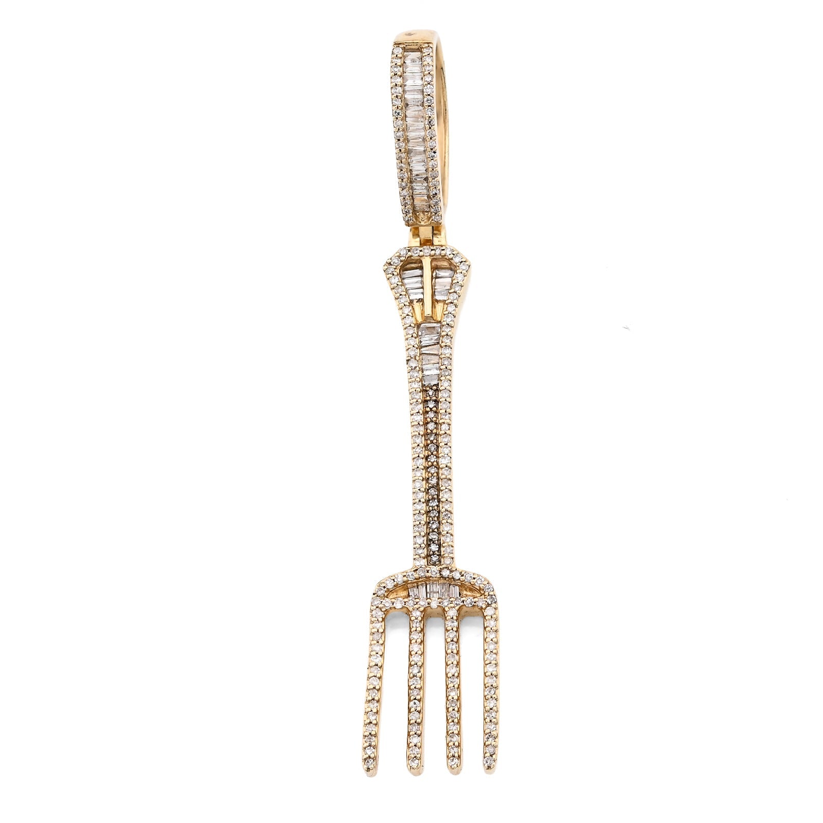 10K Yellow Gold 0.70CT Natural Diamond Round/Baguette Fork Pendant 2.5" Men Women Pendant 7.8g - Elite Jewelers - Charms & Pendants