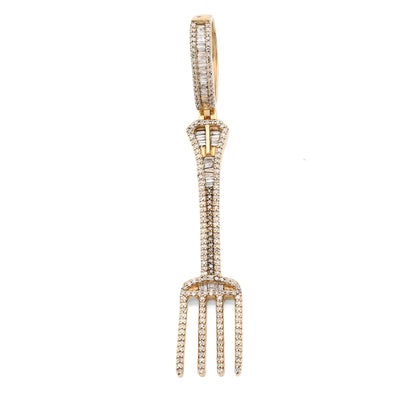 10K Yellow Gold 0.70CT Natural Diamond Round/Baguette Fork Pendant 2.5" Men Women Pendant 7.8g - Elite Jewelers - Charms & Pendants