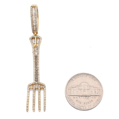 10K Yellow Gold 0.70CT Natural Diamond Round/Baguette Fork Pendant 2.5" Men Women Pendant 7.8g - Elite Jewelers - Charms & Pendants