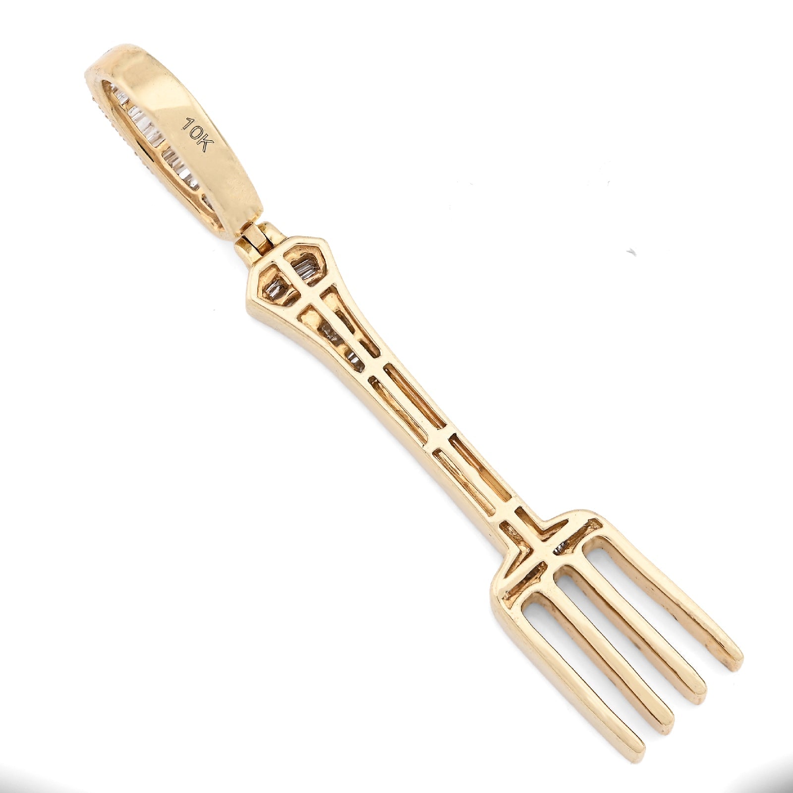 10K Yellow Gold 0.70CT Natural Diamond Round/Baguette Fork Pendant 2.5" Men Women Pendant 7.8g - Elite Jewelers - Charms & Pendants