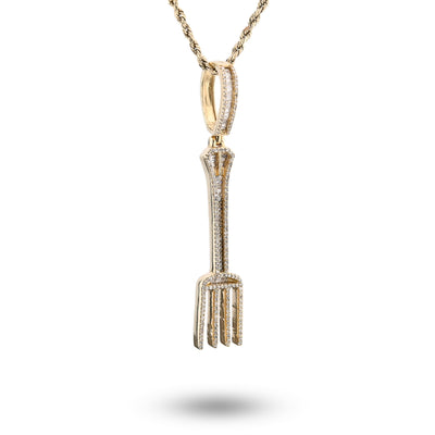 10K Yellow Gold 0.70CT Natural Diamond Round/Baguette Fork Pendant 2.5" Men Women Pendant 7.8g - Elite Jewelers - Charms & Pendants