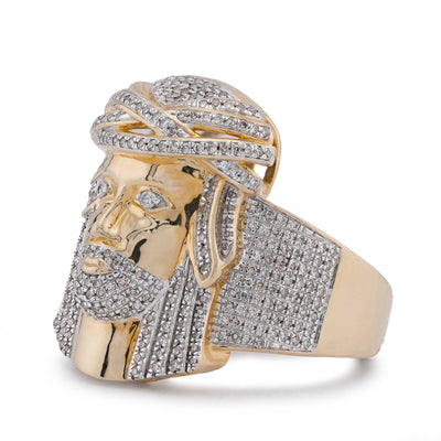 10K Yellow Gold 0.75CT Jesus Head Natural Diamond Men Pinky Ring - Elite Jewelers-Rings