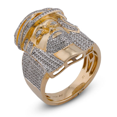 10K Yellow Gold 0.75CT Jesus Head Natural Diamond Men Pinky Ring - Elite Jewelers-Rings
