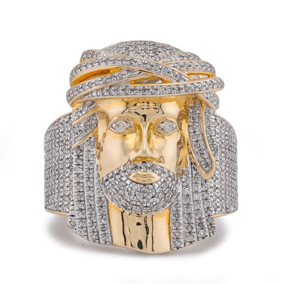 10K Yellow Gold 0.75CT Jesus Head Natural Diamond Men Pinky Ring - Elite Jewelers-Rings