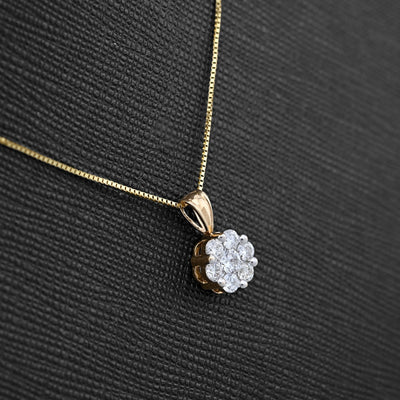 10k Yellow Gold 0.75CT Natural Diamond Flower Cluster Pendant Box Chain Set 2.4g - Elite Jewelers - Charms & Pendants