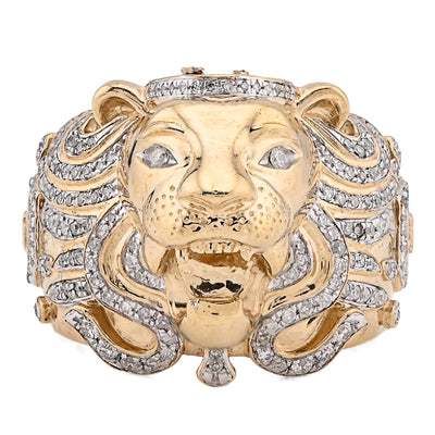 10K Yellow Gold 0.75CT Natural Diamond Roaring Lion Head Men Pinky Ring - Elite Jewelers - Rings
