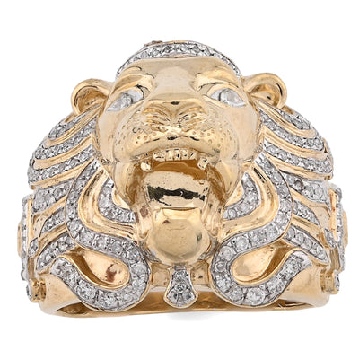 10K Yellow Gold 0.75CT Natural Diamond Roaring Lion Head Men Pinky Ring - Elite Jewelers - Rings