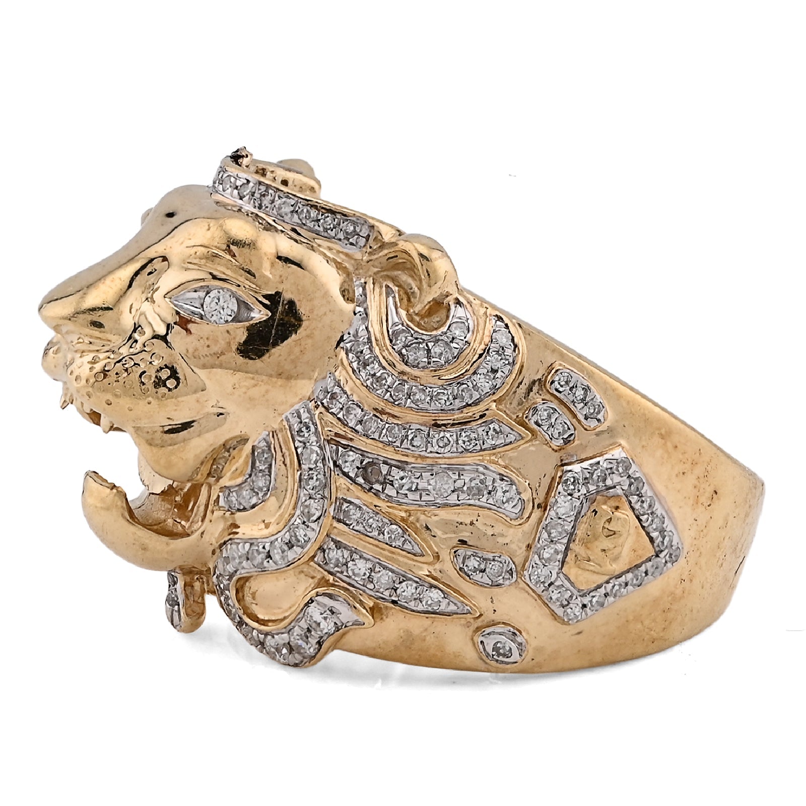 10K Yellow Gold 0.75CT Natural Diamond Roaring Lion Head Men Pinky Ring - Elite Jewelers - Rings