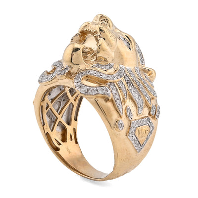 10K Yellow Gold 0.75CT Natural Diamond Roaring Lion Head Men Pinky Ring - Elite Jewelers - Rings