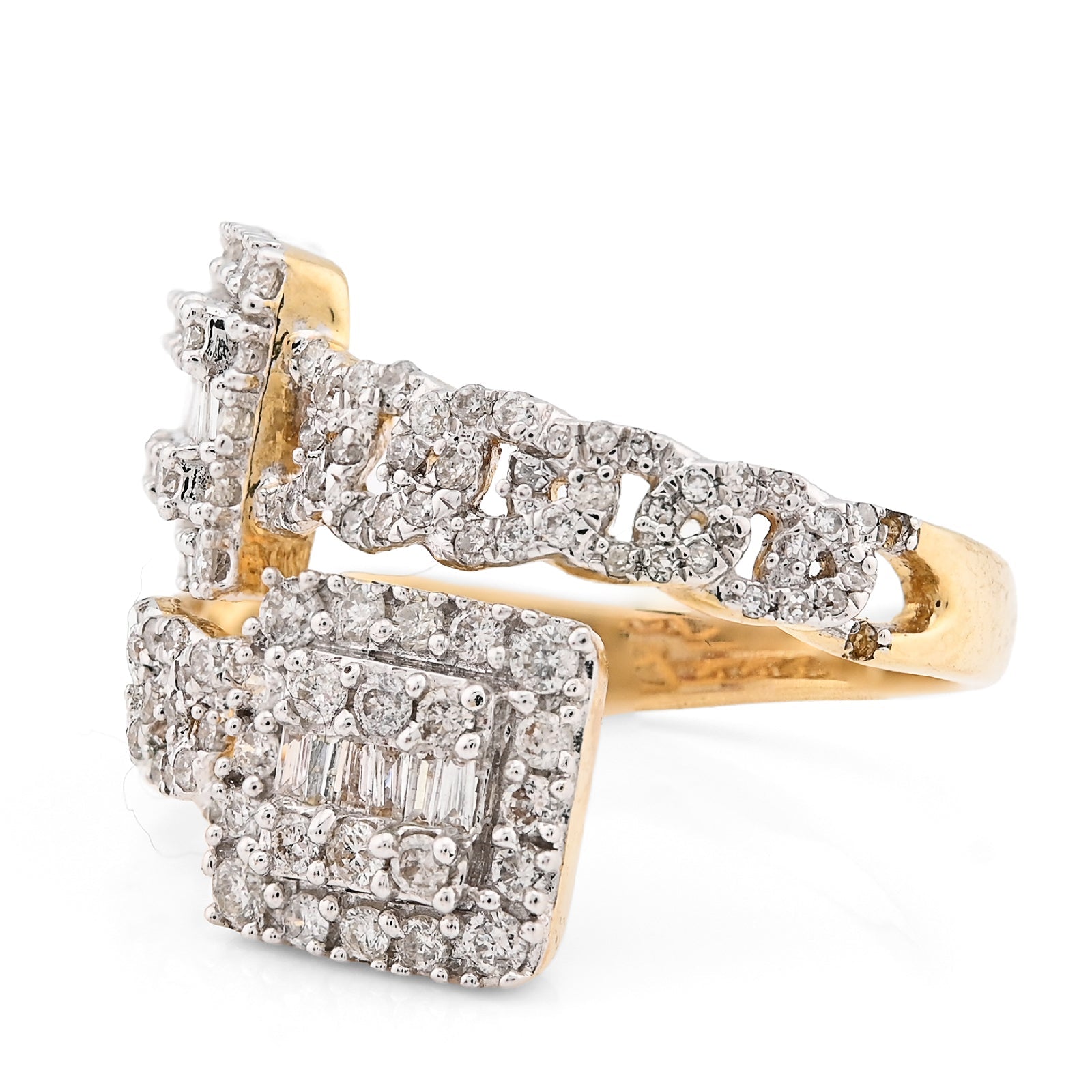 10K Yellow Gold 0.75CT Natural Diamond Split Shank Round/Baguette Twin Square Women Ring - Elite Jewelers - Rings
