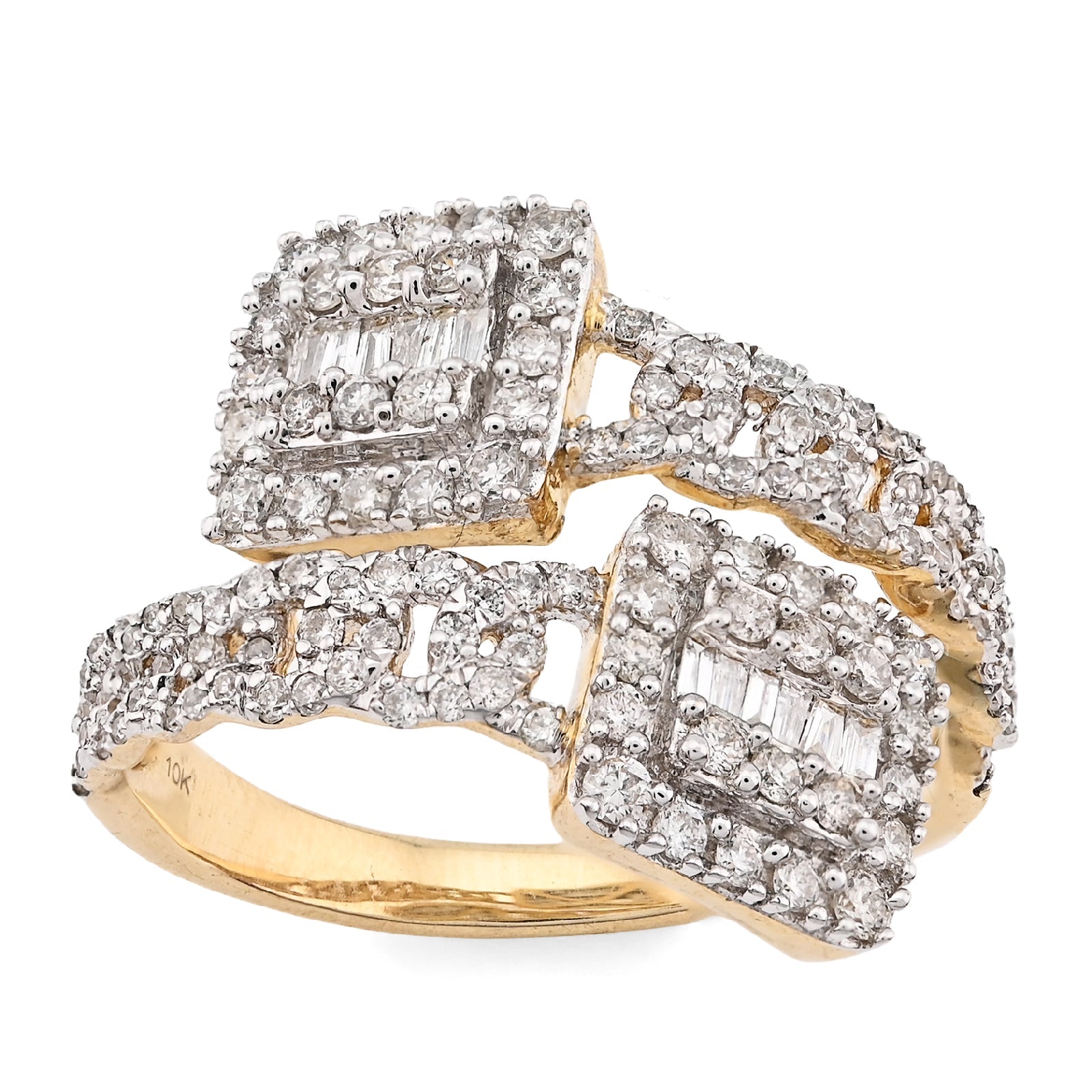 10K Yellow Gold 0.75CT Natural Diamond Split Shank Round/Baguette Twin Square Women Ring - Elite Jewelers - Rings
