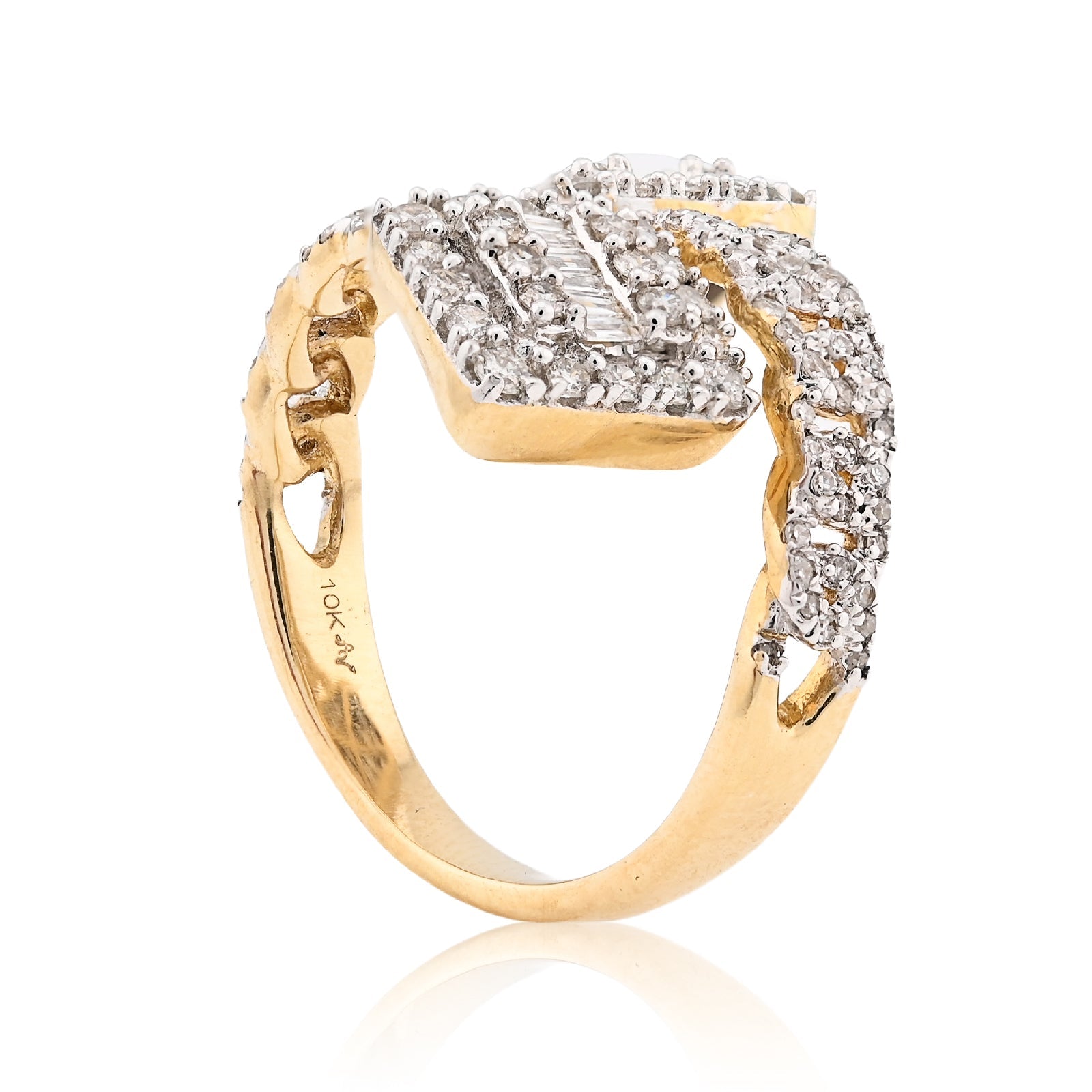 10K Yellow Gold 0.75CT Natural Diamond Split Shank Round/Baguette Twin Square Women Ring - Elite Jewelers - Rings