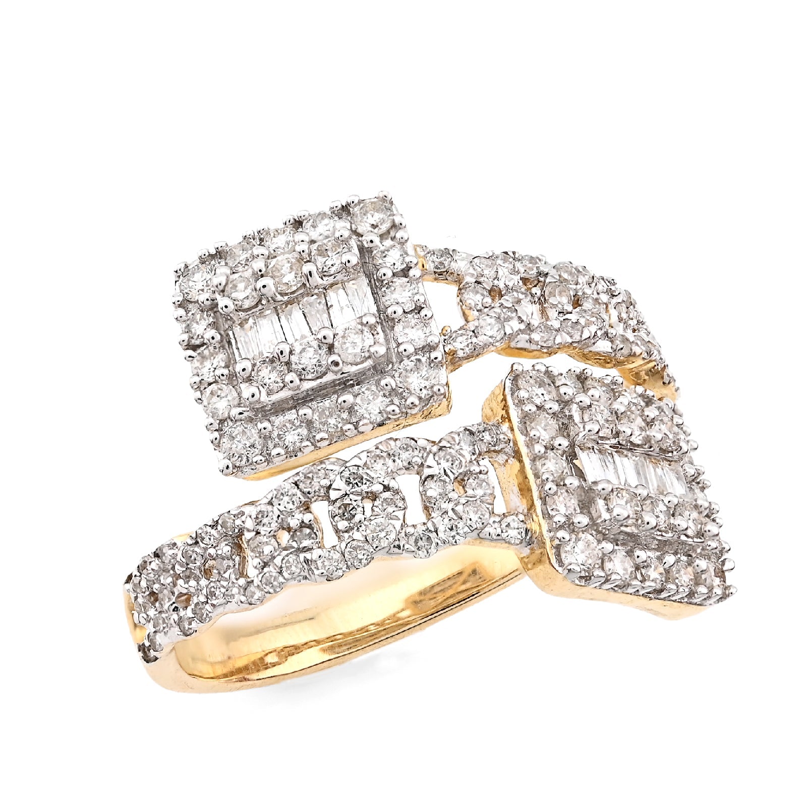 10K Yellow Gold 0.75CT Natural Diamond Split Shank Round/Baguette Twin Square Women Ring - Elite Jewelers - Rings