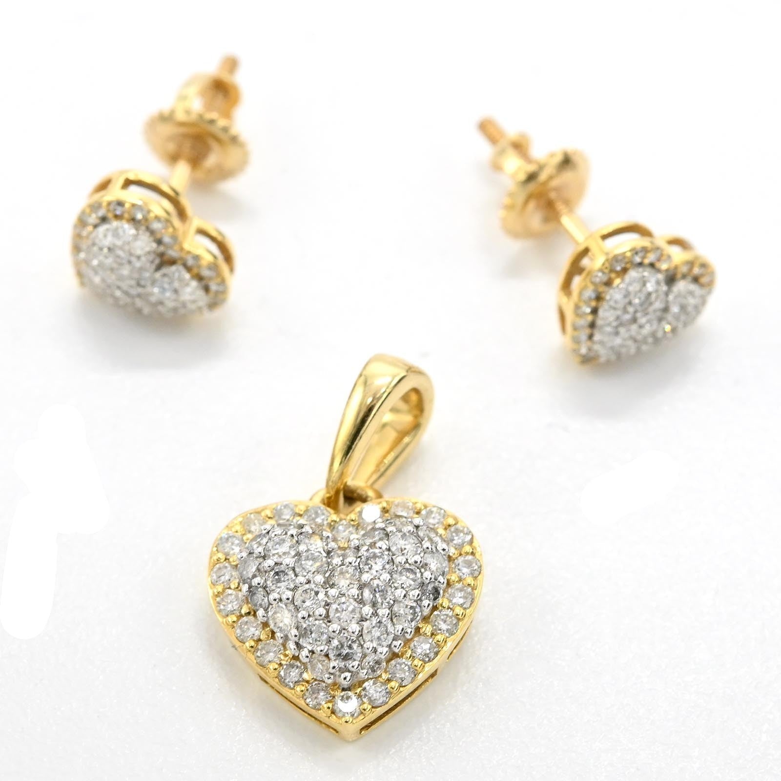10k Yellow Gold 0.75CTW Natural Diamond Heart Earring and Charm Set For Womens - Elite Jewelers - 
