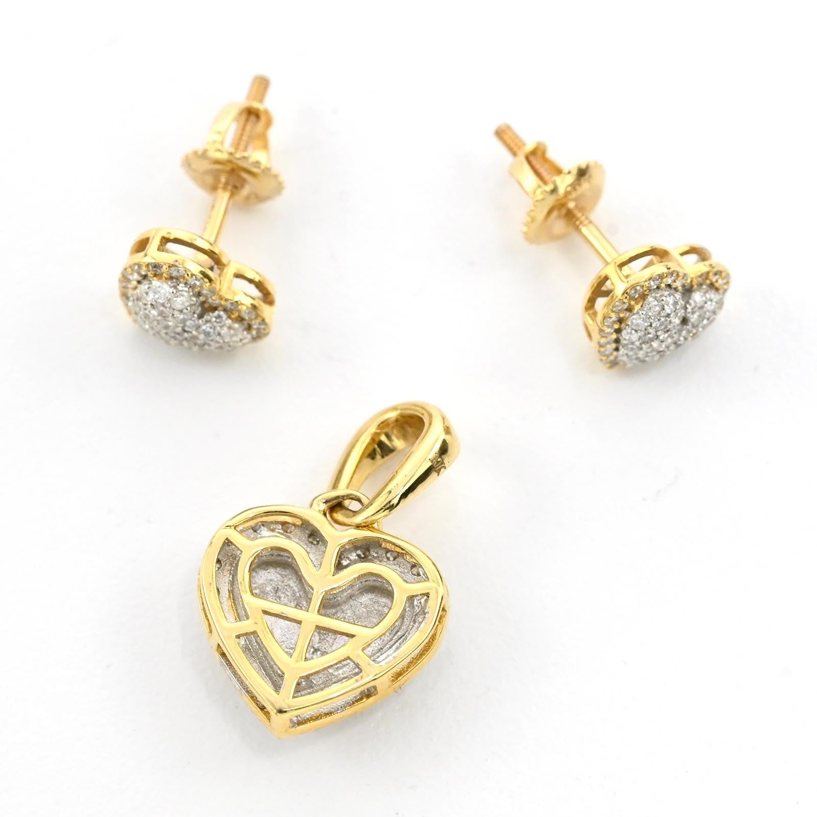 10k Yellow Gold 0.75CTW Natural Diamond Heart Earring and Charm Set For Womens - Elite Jewelers - 