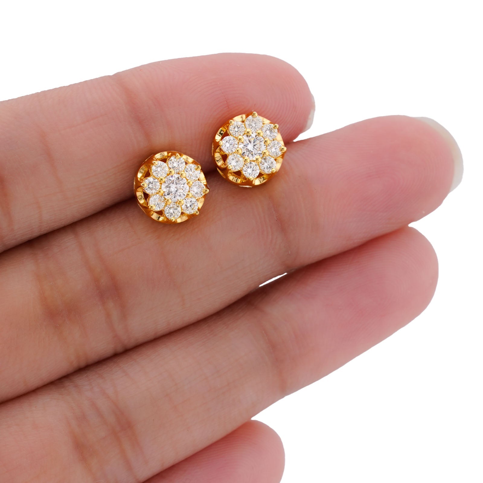 10K Yellow Gold 0.76CT Flower 9 Diamond Natural Men Women Earrings - Elite Jewelers-Earrings