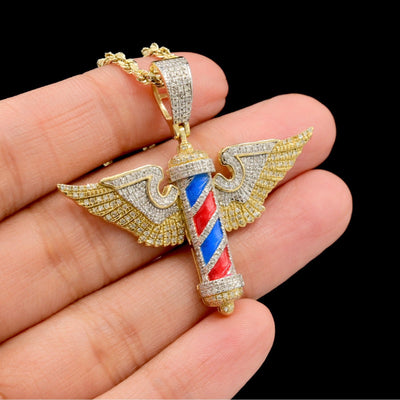 10k Yellow Gold 0.7CTW Natural Round Diamond Barber w/ Wings Pendant 5.8g Charm - Elite Jewelers - Charms & Pendants