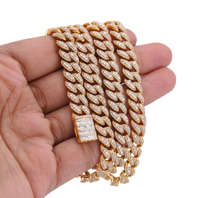 10K Yellow Gold 10.22CT Natural Round/Baguette Diamond 8MM Cuban Link Chain 22" Men Women Necklace - Elite Jewelers-Necklaces