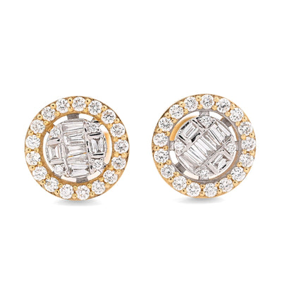 10K Yellow Gold 1.03CT Round/Baguette Natural Diamond Cluster Round Shape Earrings Men Women Studs - Elite Jewelers - Earrings