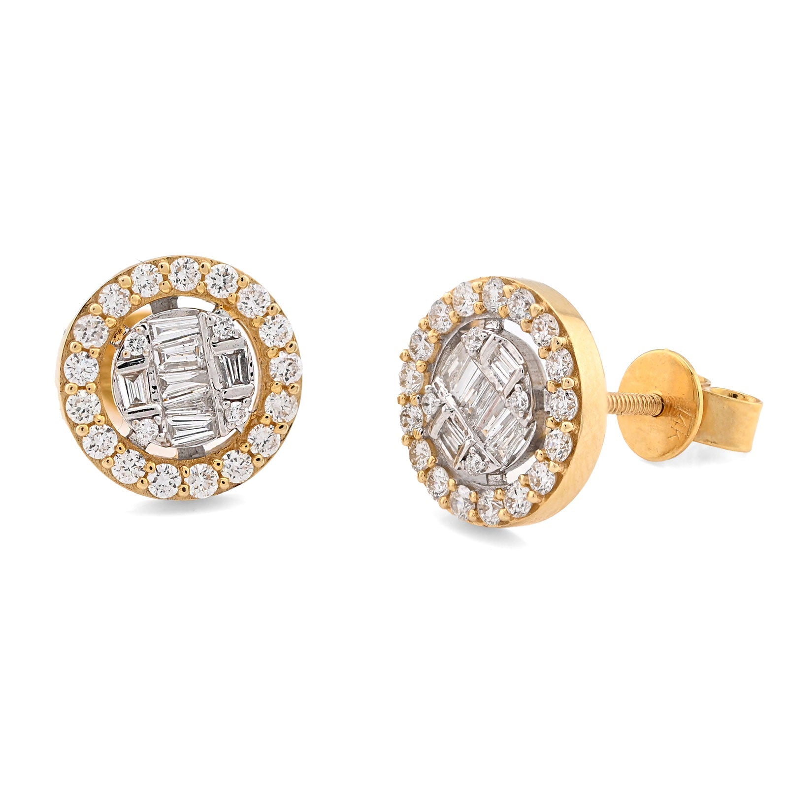 10K Yellow Gold 1.03CT Round/Baguette Natural Diamond Cluster Round Shape Earrings Men Women Studs - Elite Jewelers - Earrings