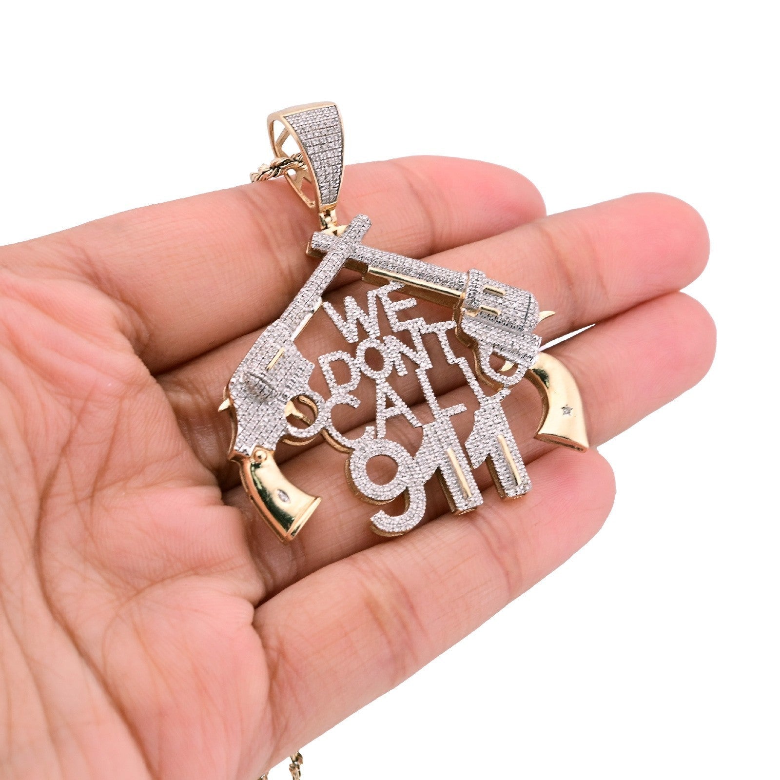 10k Yellow Gold 10g 1.05CTW Natural Diamond "WE DONT CALL 911" Gun Pendant Charm - Elite Jewelers - Charms & Pendants