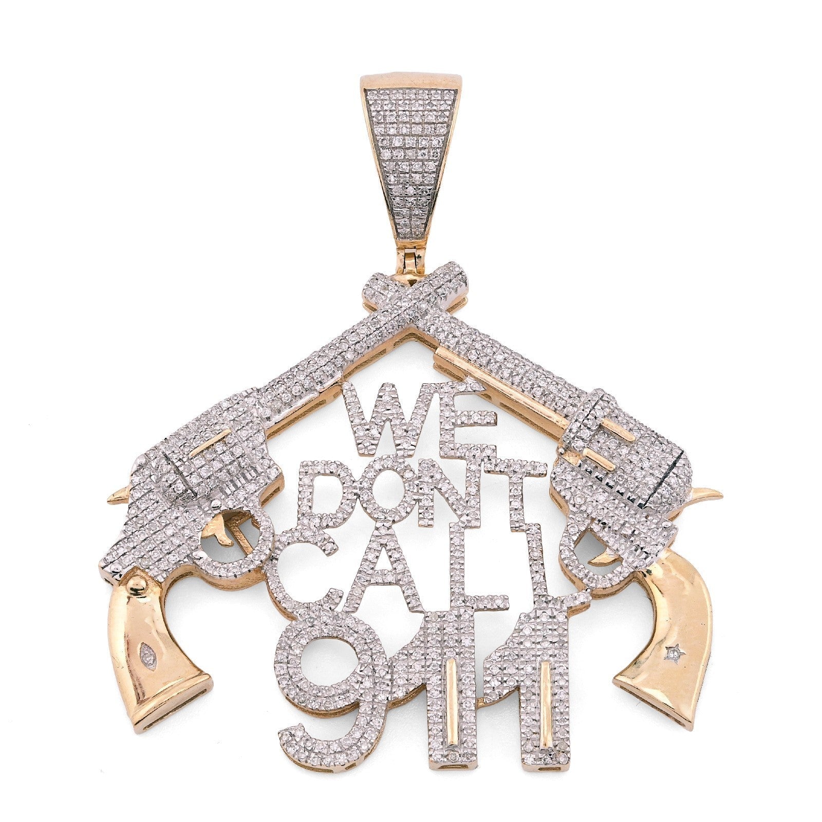 10k Yellow Gold 10g 1.05CTW Natural Diamond "WE DONT CALL 911" Gun Pendant Charm - Elite Jewelers - Charms & Pendants
