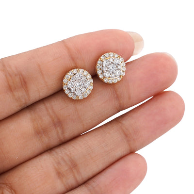 10K yellow Gold 1.10CT Curved Square Centre Flower Cluster Halo Lab Diamond Men Women Earrings - Elite Jewelers-Earrings