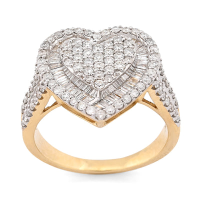10K Yellow Gold 1.10CT Natural Diamond Round/Baguette Big Heart Women Ring 14.5MM - Elite Jewelers - Rings