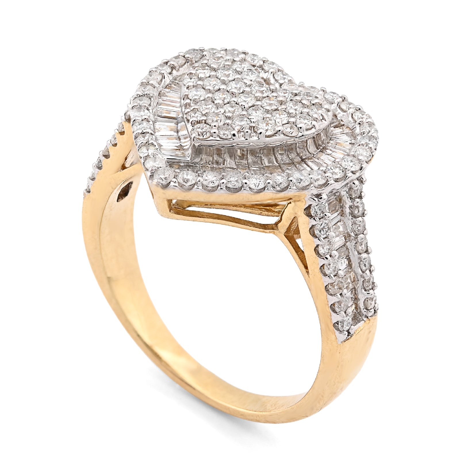 10K Yellow Gold 1.10CT Natural Diamond Round/Baguette Big Heart Women Ring 14.5MM - Elite Jewelers - Rings