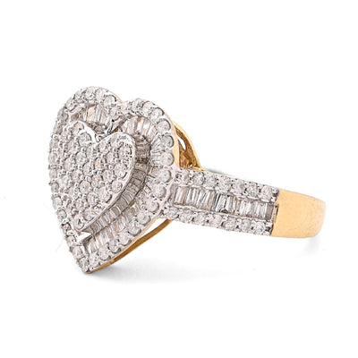 10K Yellow Gold 1.10CT Natural Diamond Round/Baguette Big Heart Women Ring 14.5MM - Elite Jewelers - Rings