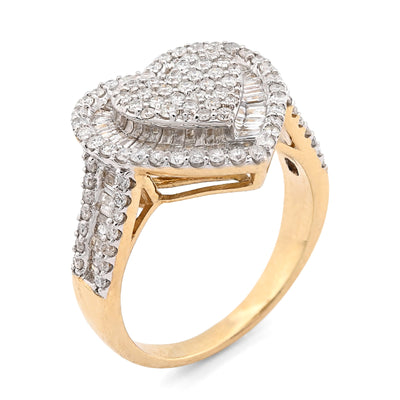 10K Yellow Gold 1.10CT Natural Diamond Round/Baguette Big Heart Women Ring 14.5MM - Elite Jewelers - Rings