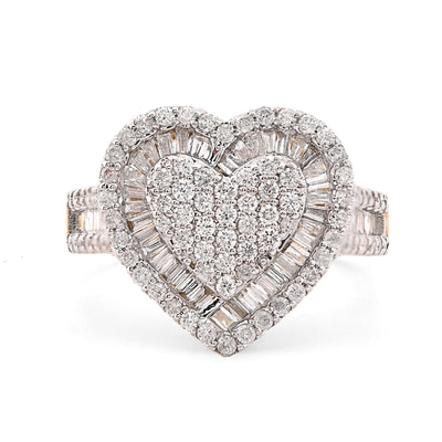 10K Yellow Gold 1.10CT Natural Diamond Round/Baguette Big Heart Women Ring 14.5MM - Elite Jewelers - Rings