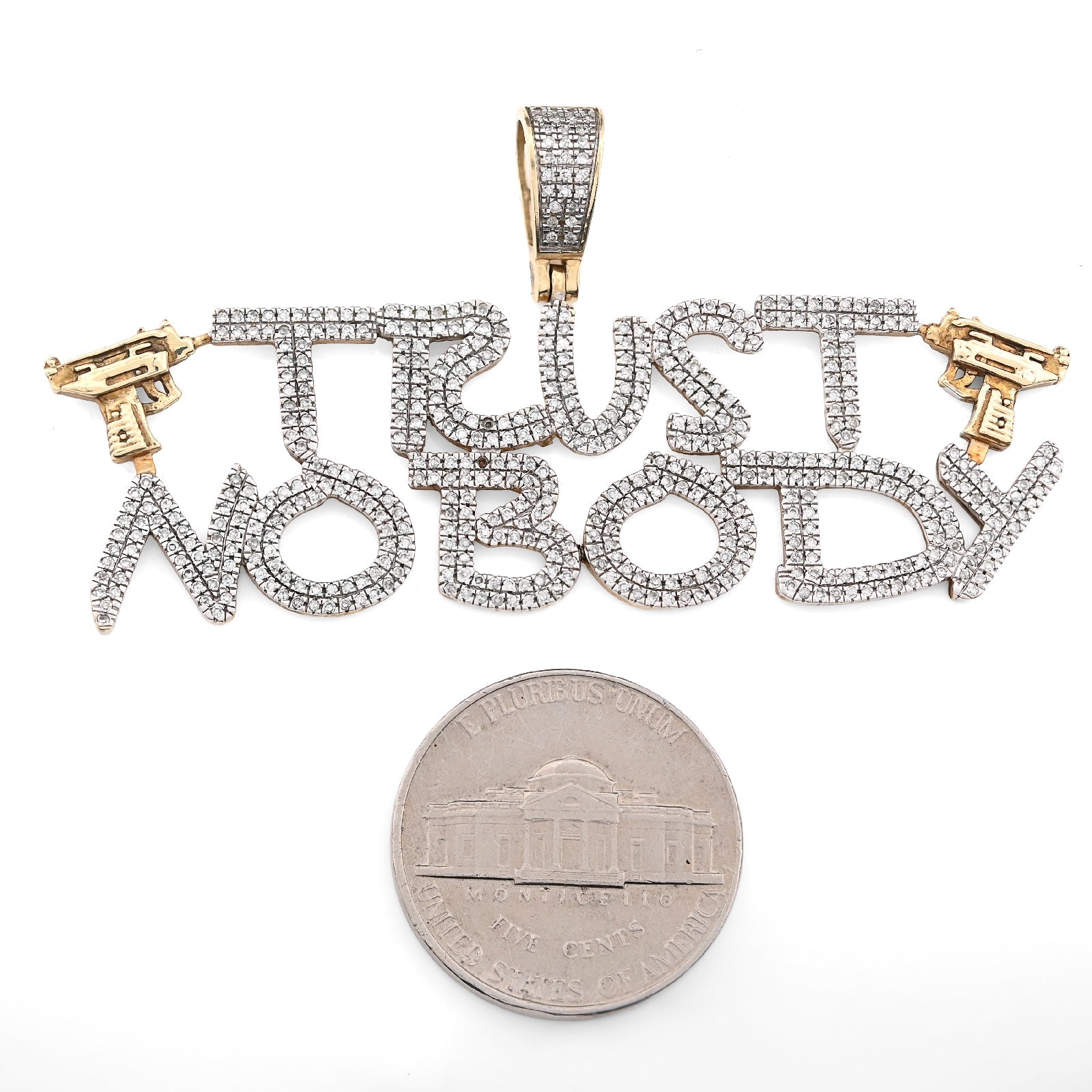 10K Yellow Gold 1.10CT Natural Diamond "Trust Nobody" Gun Men Pendant Women 2.5" Charm - Elite Jewelers - Charms & Pendants