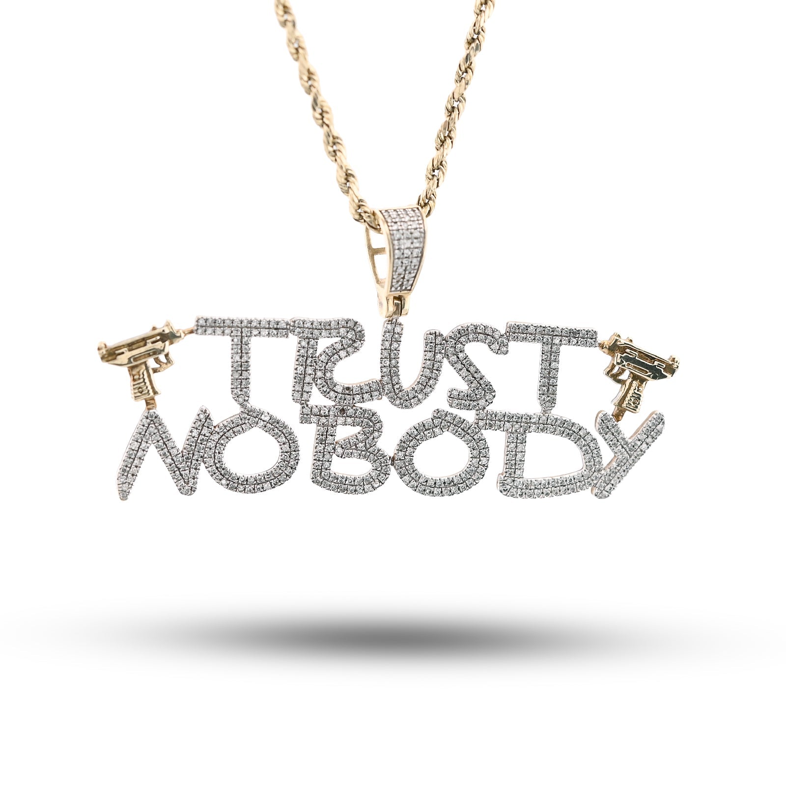 10K Yellow Gold 1.10CT Natural Diamond "Trust Nobody" Gun Men Pendant Women 2.5" Charm - Elite Jewelers - Charms & Pendants