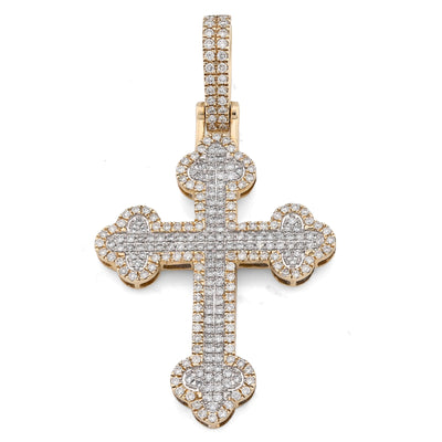 10K Yellow Gold 1.20CT Natural Diamond Budded Religious Cross Charm Men 53.3MM Pendant - Elite Jewelers - Charms & Pendants