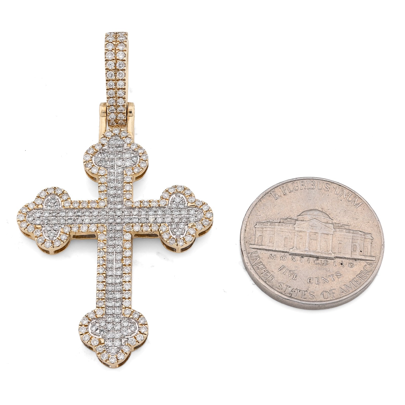 10K Yellow Gold 1.20CT Natural Diamond Budded Religious Cross Charm Men 53.3MM Pendant - Elite Jewelers - Charms & Pendants