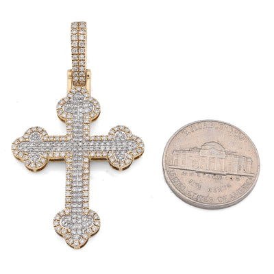 10K Yellow Gold 1.20CT Natural Diamond Budded Religious Cross Charm Men 53.3MM Pendant - Elite Jewelers - Charms & Pendants