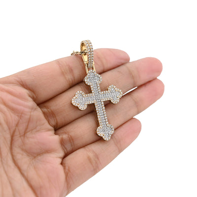 10K Yellow Gold 1.20CT Natural Diamond Budded Religious Cross Charm Men 53.3MM Pendant - Elite Jewelers - Charms & Pendants