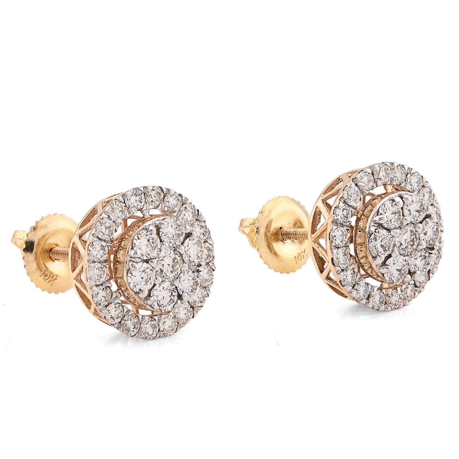 10K Yellow Gold 1.25CT Natural Diamond Round Halo Cluster Men Women Earring Studs - Elite Jewelers - Earrings
