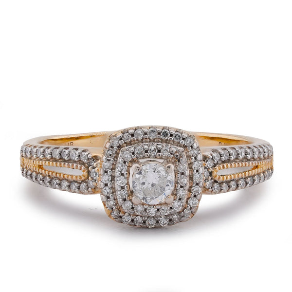 10K Yellow Gold 1.25CT Natural Diamond Solitaire Centre Halo Square Women Ring - Elite Jewelers-Rings