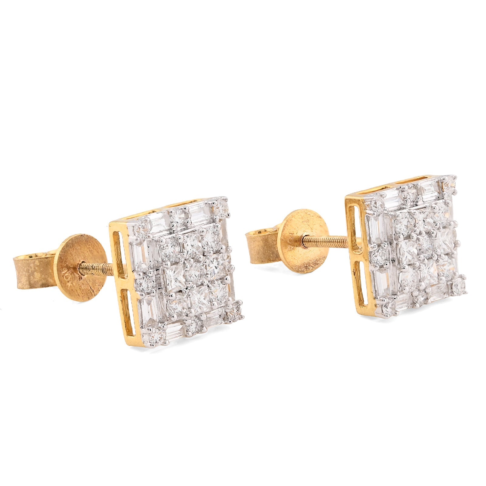 10K Yellow Gold 1.26CT Round/Baguette Natural Diamond Square Cluster Studs Men Women Earrings - Elite Jewelers - Earrings