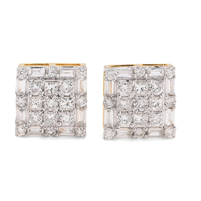 10K Yellow Gold 1.26CT Round/Baguette Natural Diamond Square Cluster Studs Men Women Earrings - Elite Jewelers - Earrings