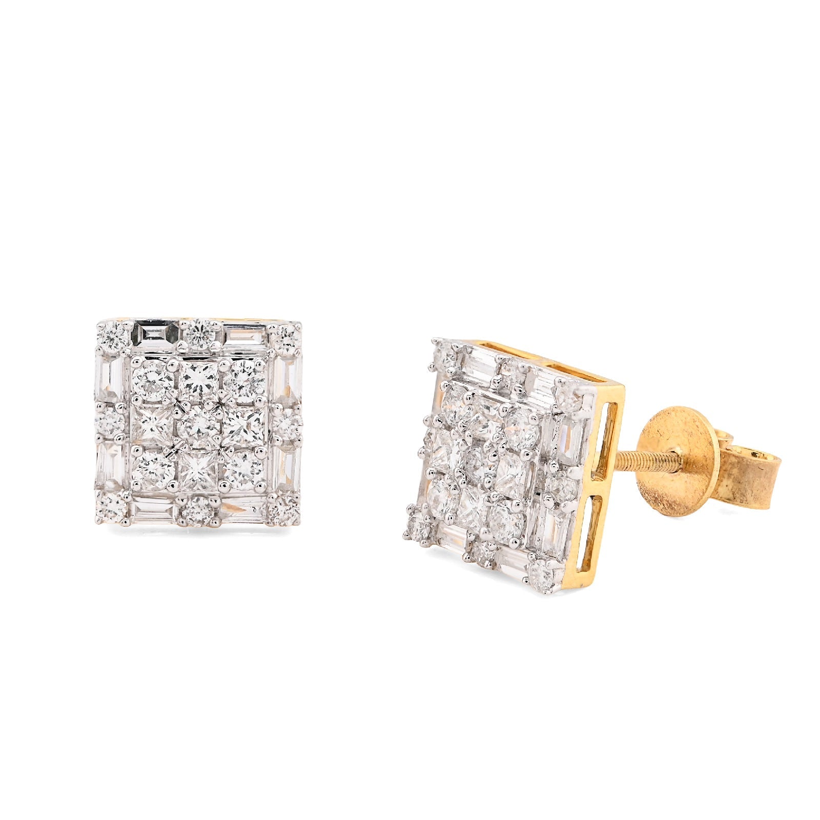 10K Yellow Gold 1.26CT Round/Baguette Natural Diamond Square Cluster Studs Men Women Earrings - Elite Jewelers - Earrings