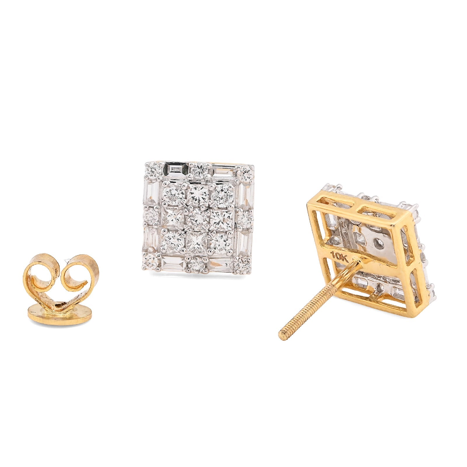 10K Yellow Gold 1.26CT Round/Baguette Natural Diamond Square Cluster Studs Men Women Earrings - Elite Jewelers - Earrings
