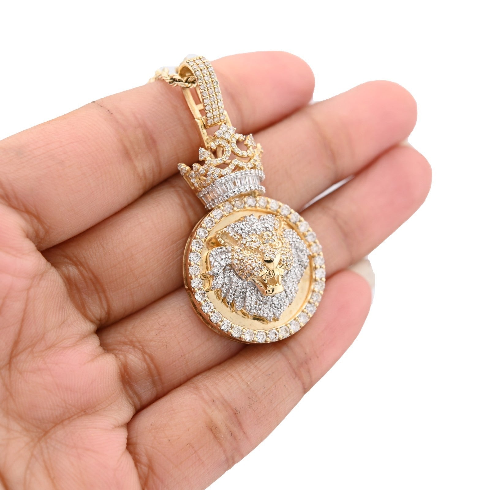 10k Yellow Gold 12g 3.75CTW Real Round/Baguette Diamond Lion Crown Pendant Charm - Elite Jewelers - Charms & Pendants