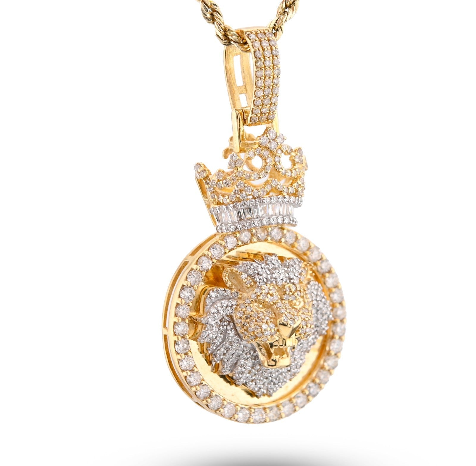 10k Yellow Gold 12g 3.75CTW Real Round/Baguette Diamond Lion Crown Pendant Charm - Elite Jewelers - Charms & Pendants