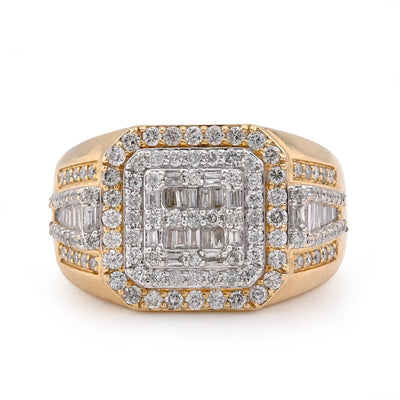 10K Yellow Gold 1.30CT Round/baguette Natural Diamond 3 Layer Square Shape Men Pinky Ring - Elite Jewelers - Rings