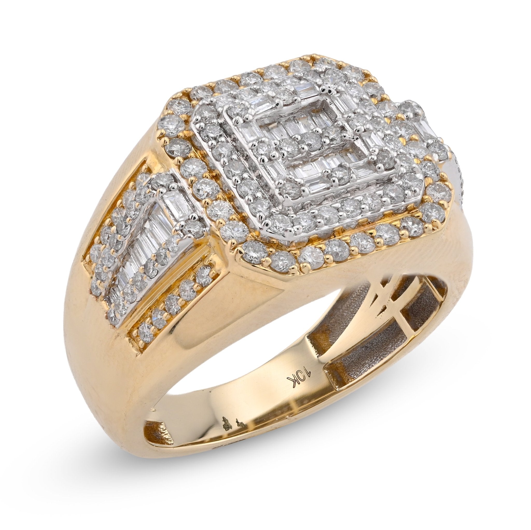 10K Yellow Gold 1.30CT Round/baguette Natural Diamond 3 Layer Square Shape Men Pinky Ring - Elite Jewelers - Rings