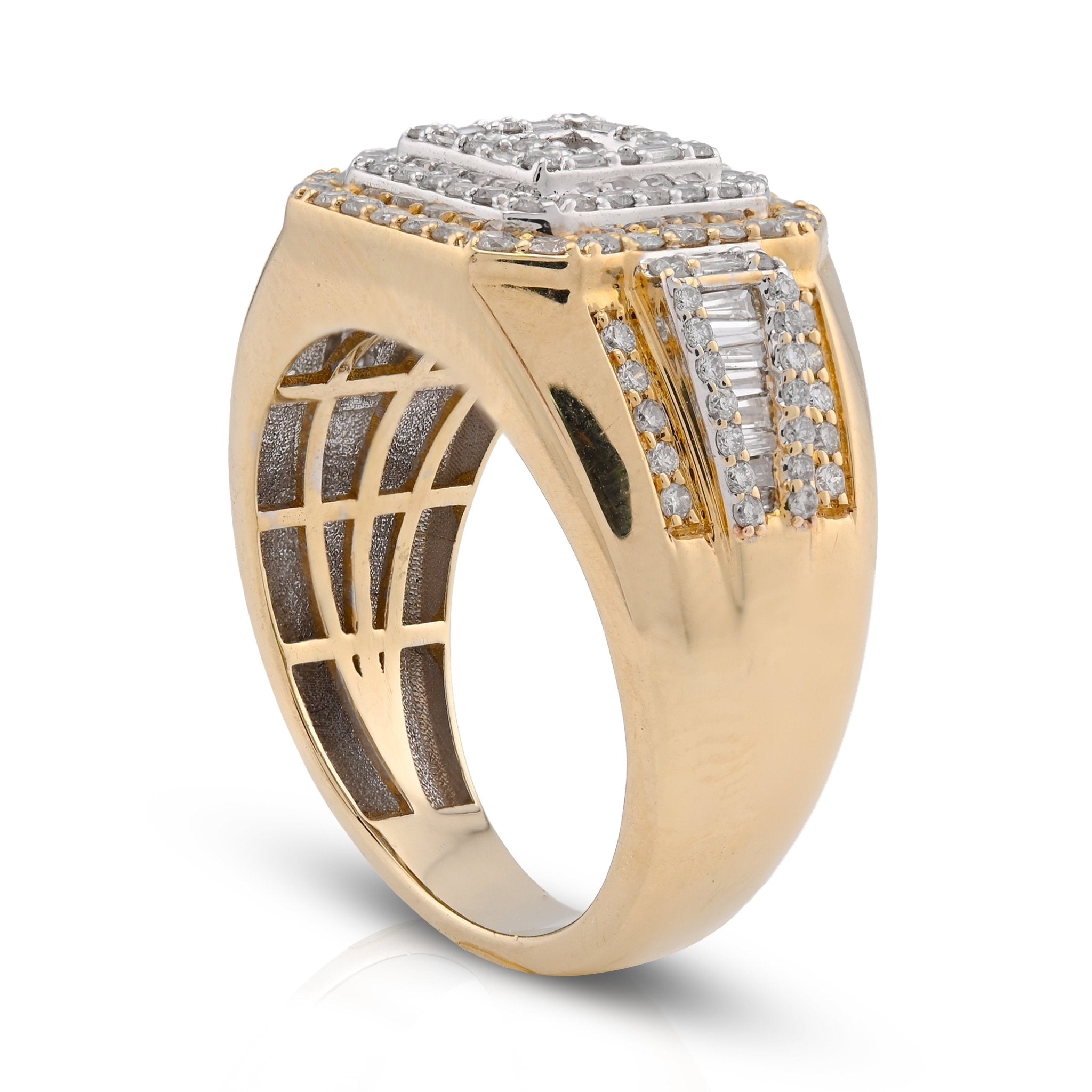 10K Yellow Gold 1.30CT Round/baguette Natural Diamond 3 Layer Square Shape Men Pinky Ring - Elite Jewelers - Rings