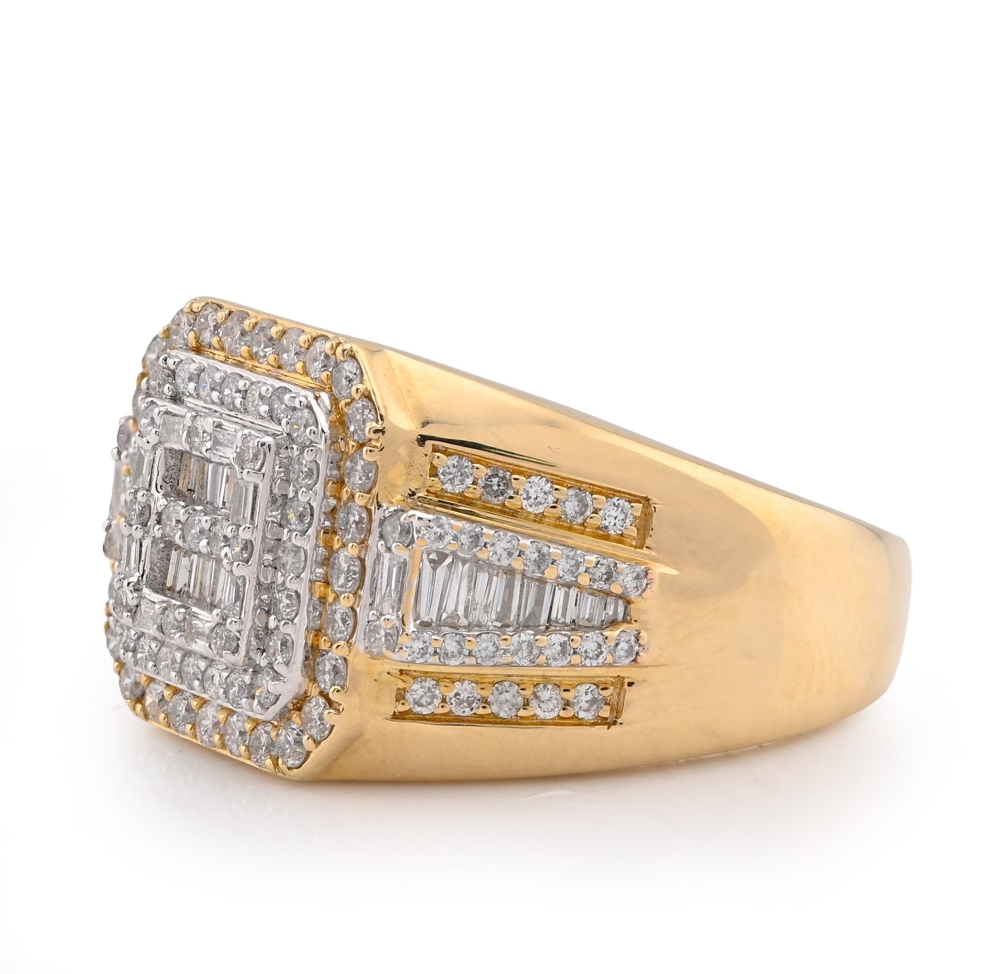 10K Yellow Gold 1.30CT Round/baguette Natural Diamond 3 Layer Square Shape Men Pinky Ring - Elite Jewelers - Rings